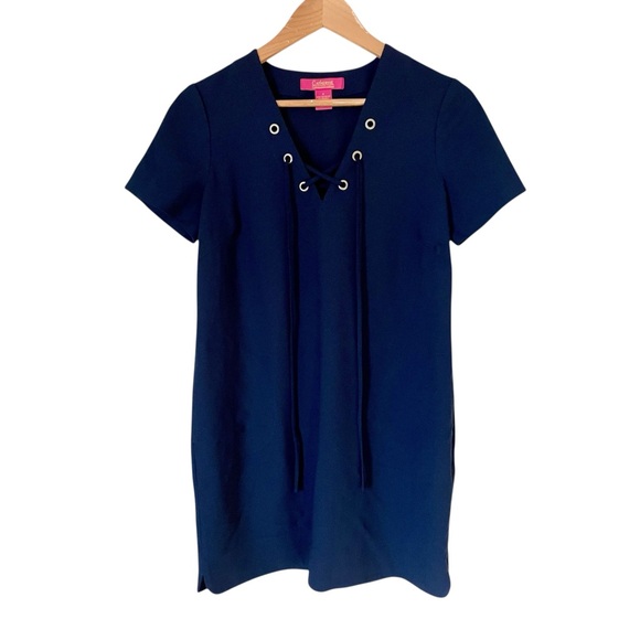 Catherine Malandrino Navy Blue Lace Front Grommet Shift Dress w/ Pockets Small - Picture 2 of 8